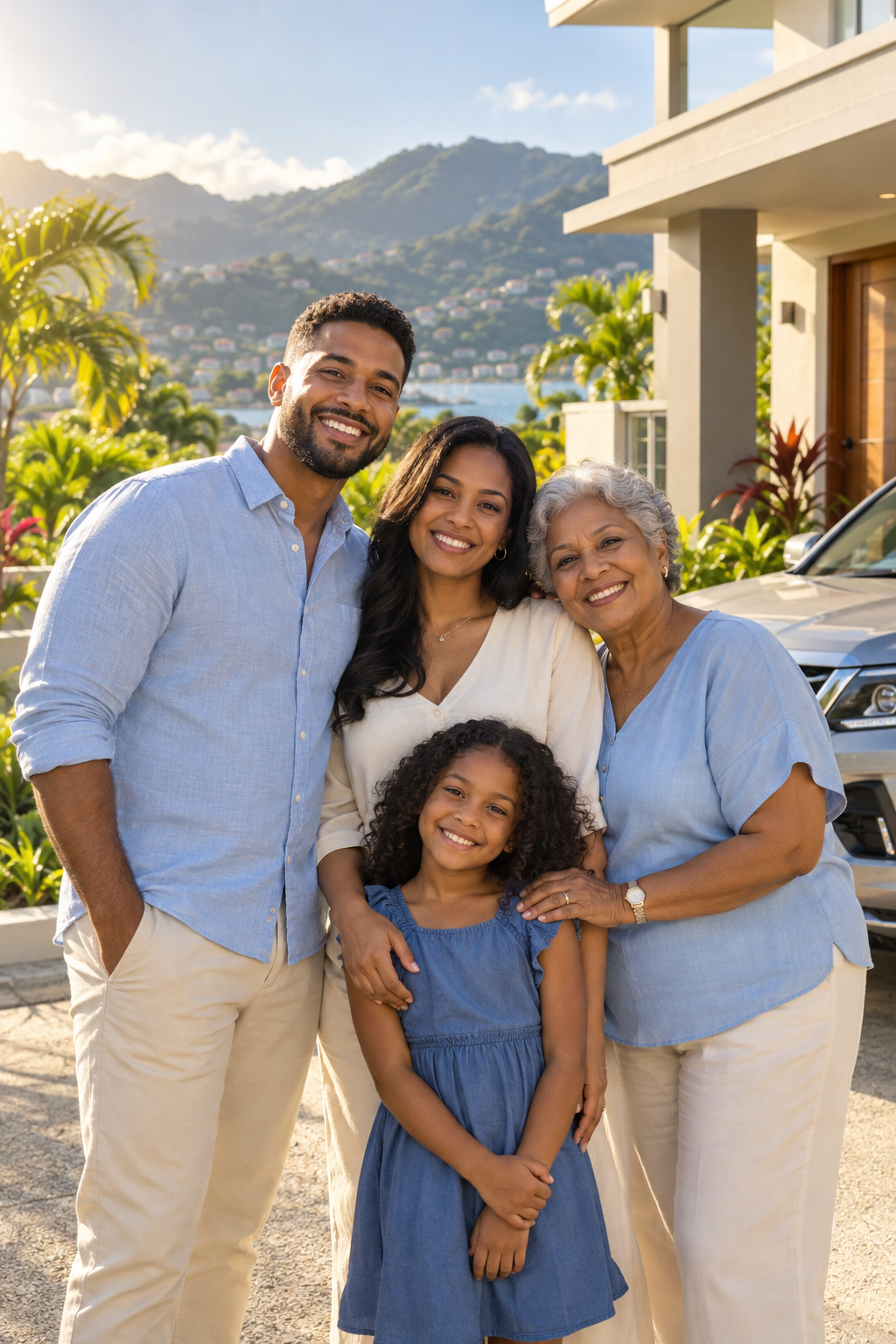AI-created Trinidadian family outside a Caribbean home with a car, representing insurance protection